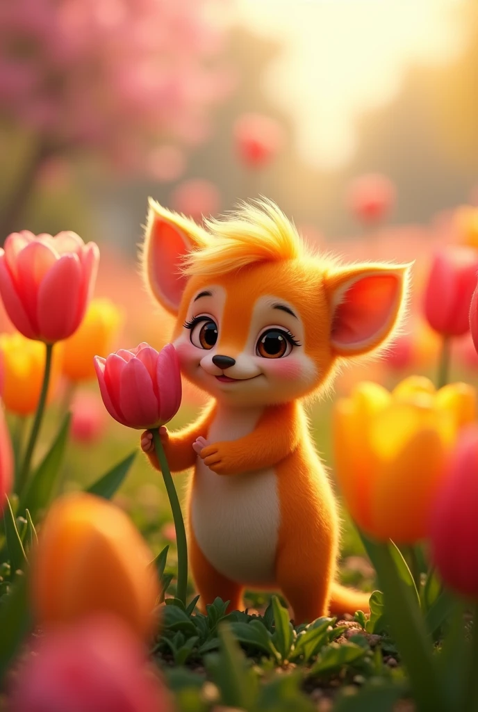 Create me a Pixar-style chicha who loves tulips 