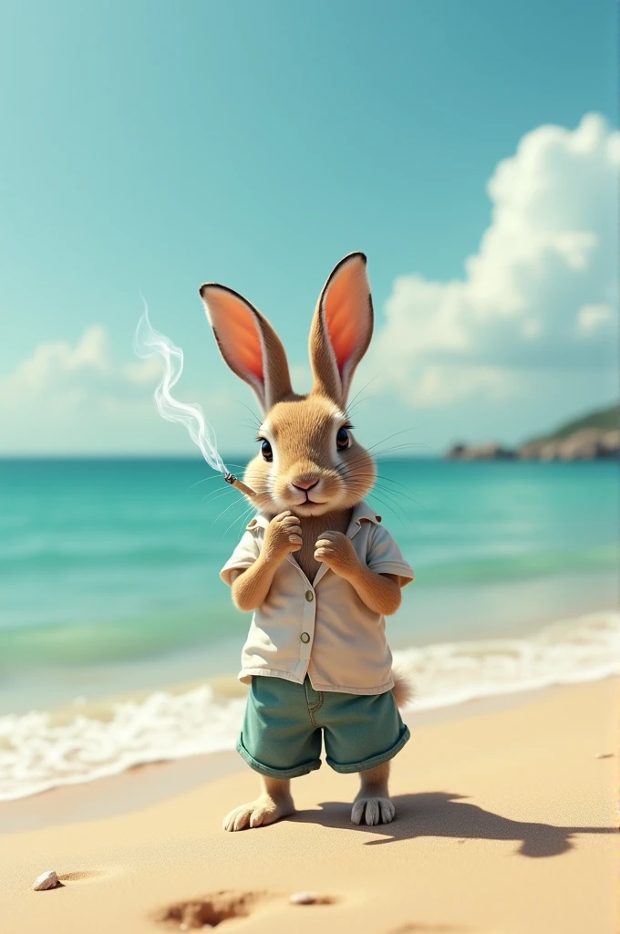 A rabbit smoking on the beach