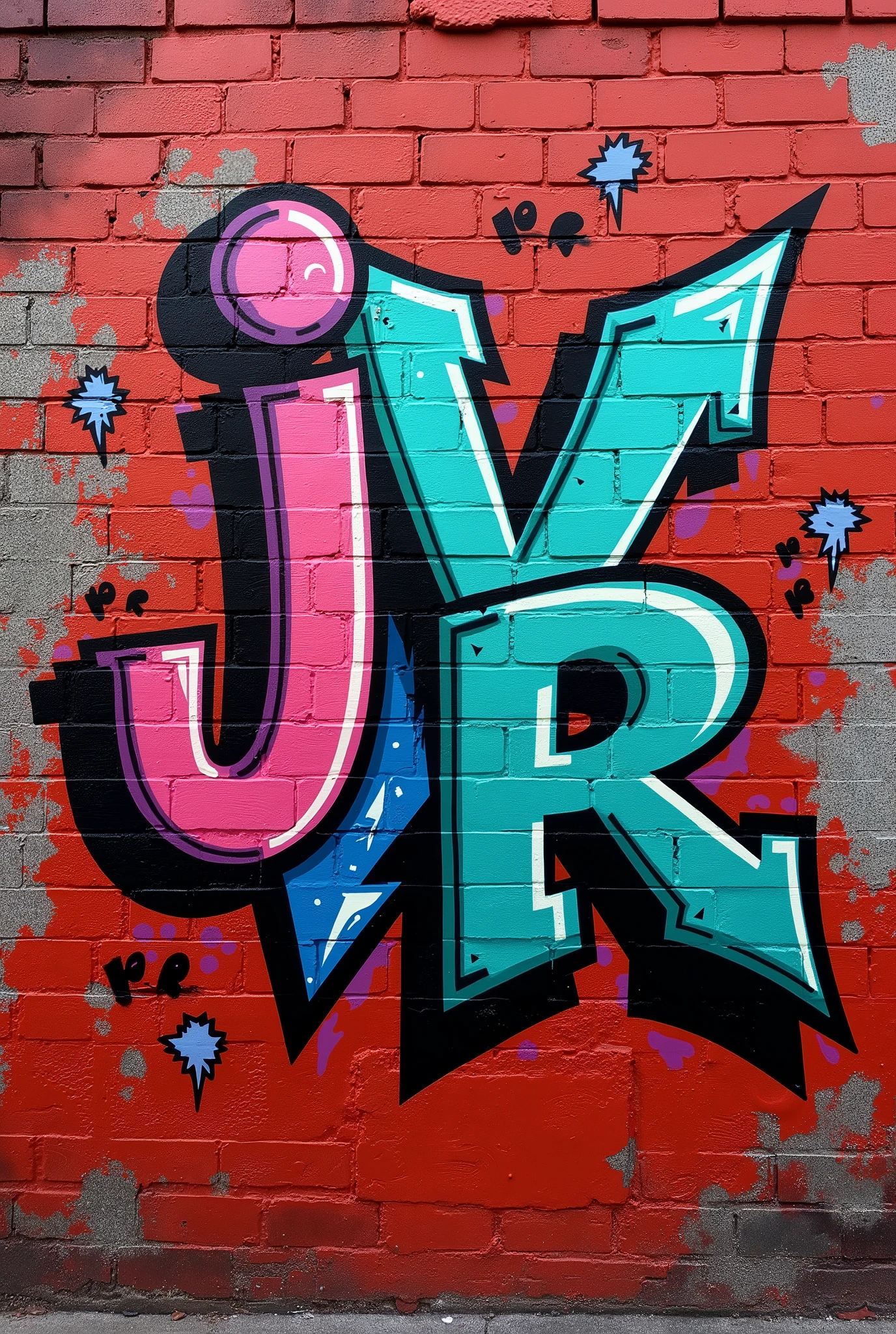 Graffiti on brick wall with the letters &#39;J&#39;, &#39; And &#39;, &#39;V&#39;, 'R'