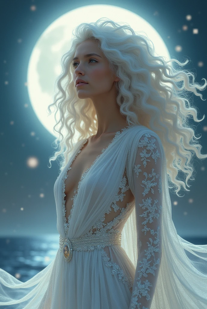 The goddess of Lagos of the Moon, lady of the tides and emotions. It protects family ties and offers refuge to those seeking inner peace and intuition.. Dressed in crystal clothing. Like a scroll. And her curly white hair