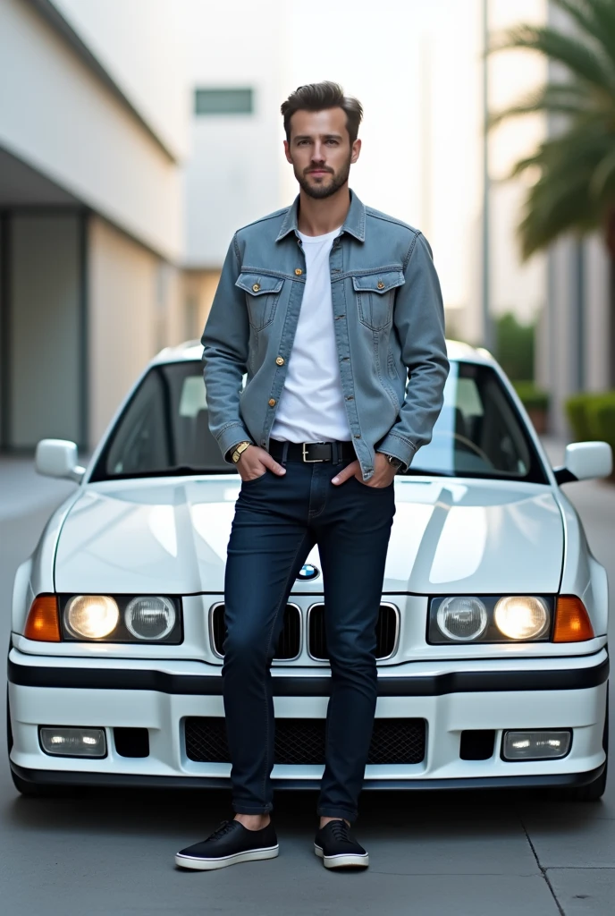 white e36 bmw with a man in front of the hood