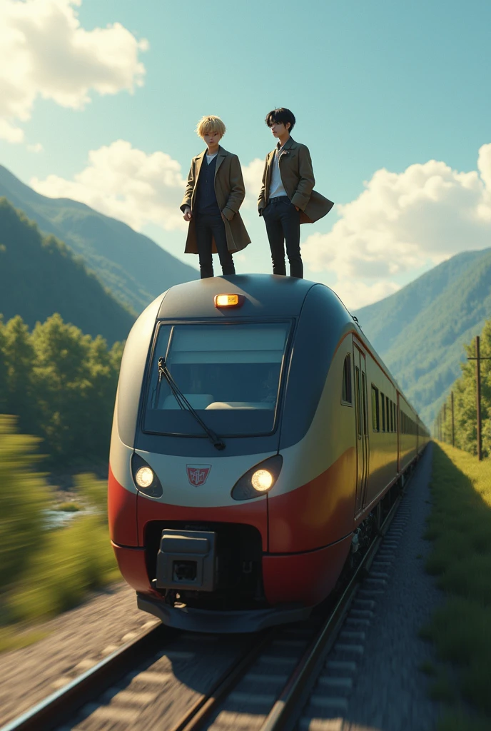 Crie uma imagem realista do Jimin e do jungkook do bts, make them on top of a train

