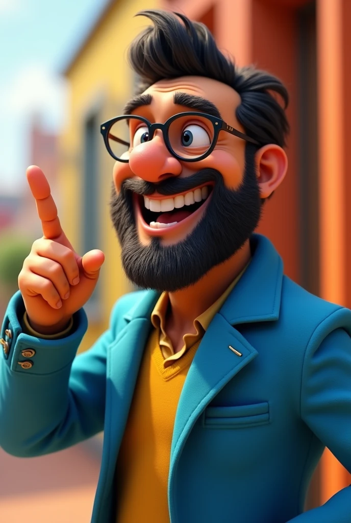 Brazilian man, with beard, glasses, Grinning, pointing to the side, wearing a blue coat, pixar style image in 8k