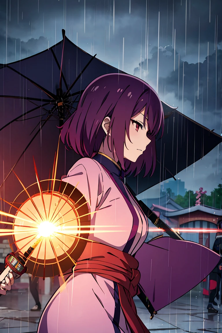 Anime girl, Haruno Sakura, villain version, interesting hair style, scar on the cheek, sheen protectors, umbrella, rain village ninja outfit, katana weapon,  whole body, raining village photography 