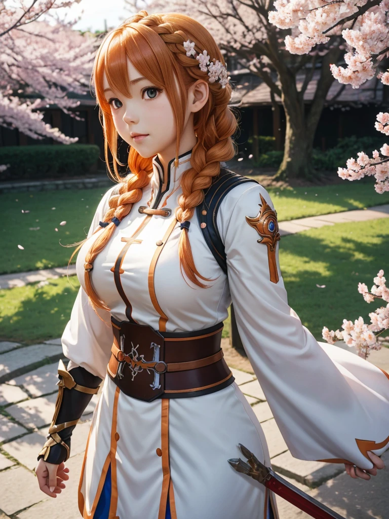 Chubby girl ,out shirt big busted brest,asuna, ((masterpiece)), highres, asuna (sao), crown braid, light orange hair, armor, cherry blossoms, dutch angle