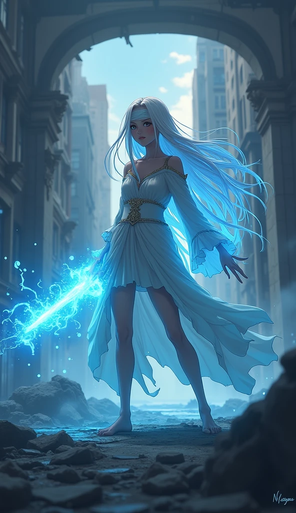 Create a girl with long white hair, with white medieval clothing and a bandage on the forehead, His body is surrounded by cyan blue electrical energy ANIME VERSION in a destroyed city