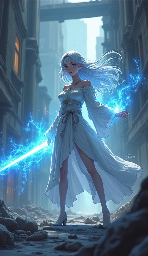 Create a girl with long white hair, with white medieval clothing and a bandage on the forehead, His body is surrounded by cyan blue electrical energy ANIME VERSION in a destroyed city