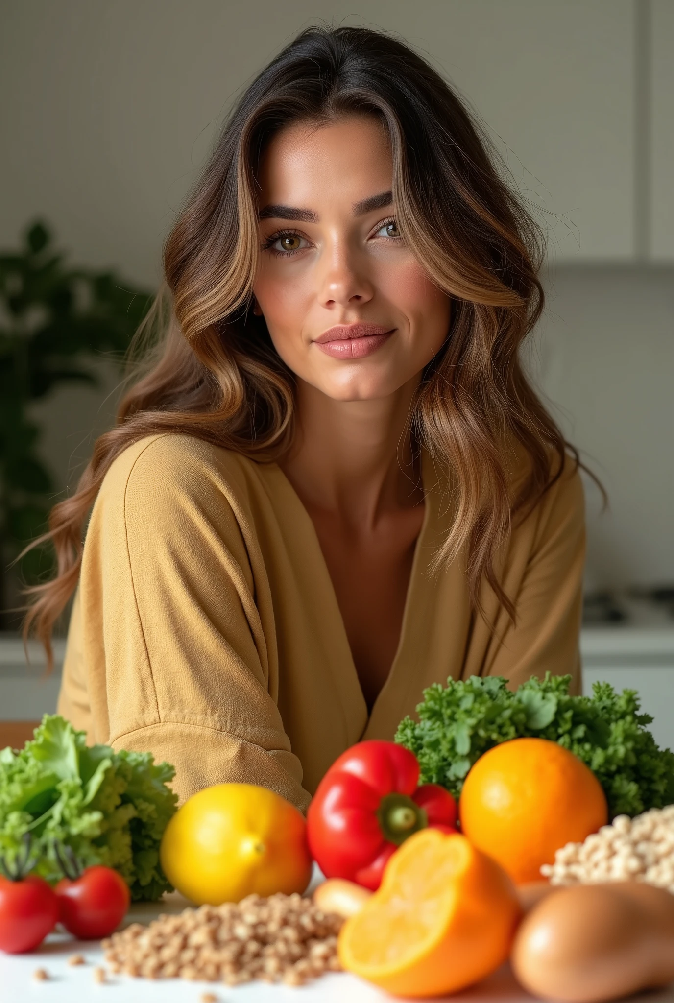 Photo with healthy food and a hot woman