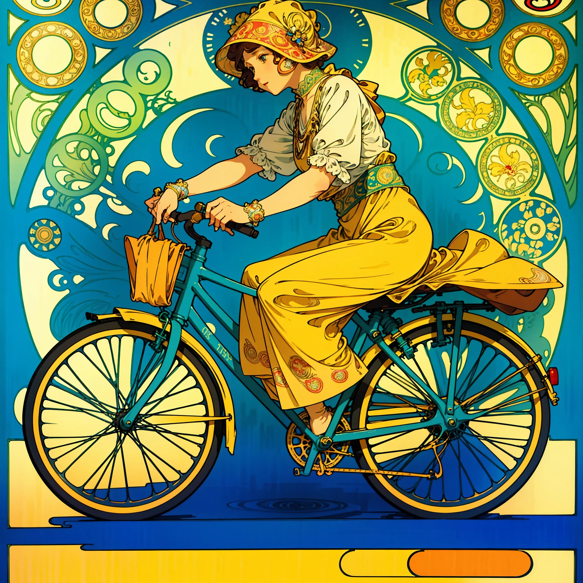 illustration of detailed  (bicycle:1), material, Coloring, art, Beautiful picture, Background adorned with natural ornaments, Colorful colors, Decorated in Art Nouveau style, (Mucha style:1.4), Perfect details, Genuine. Basket、