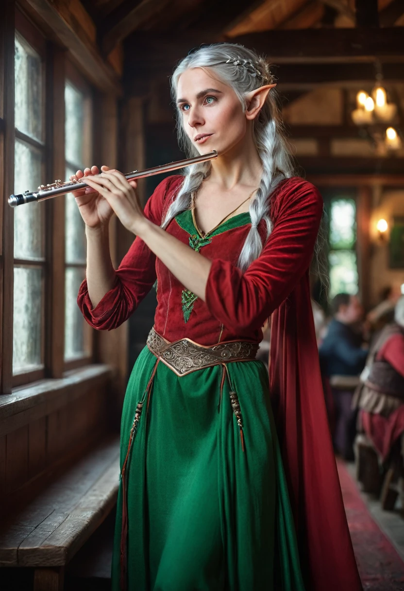 Photograph of a female half-elf bard is entertaining the crowd in an inn by playing the flute. silver hair and green eyes, wearing a sultry red dress. shot with Canon R3. 8k, HDRI