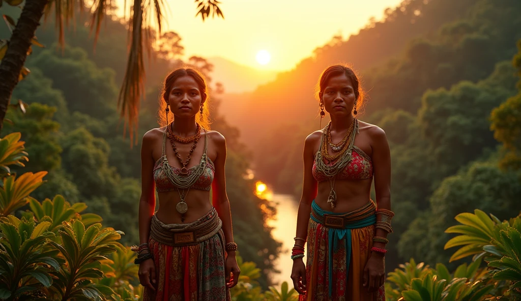 indigenous shuar, women, ecuadorian, stop in front of a beautiful jungle landscape, Amazonian, vibrant colors, Very detailed, sunrise, Masterpiece, hyper realistic, kodak film, camera Nikon Zfc, Sigma art 18mm