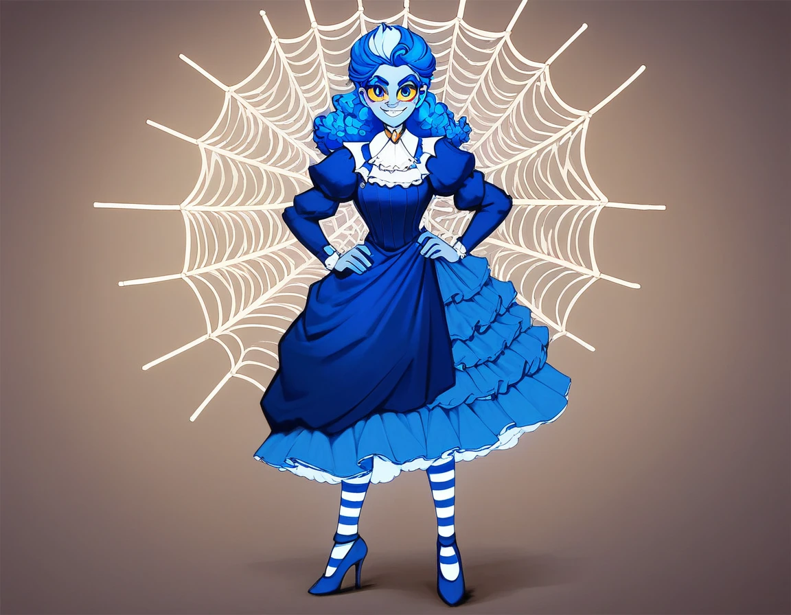 victorianstyle, frankelda, 1girl, solo, dress, striped, blue hair, puffy sleeves, high heels, colored skin, freckles, blue striped stockings, standing, evil smile, look at viewer, hands on hips, glowing blue eyes, yellow sclera, study room, spiderweb rosette background, dark ambient, half body