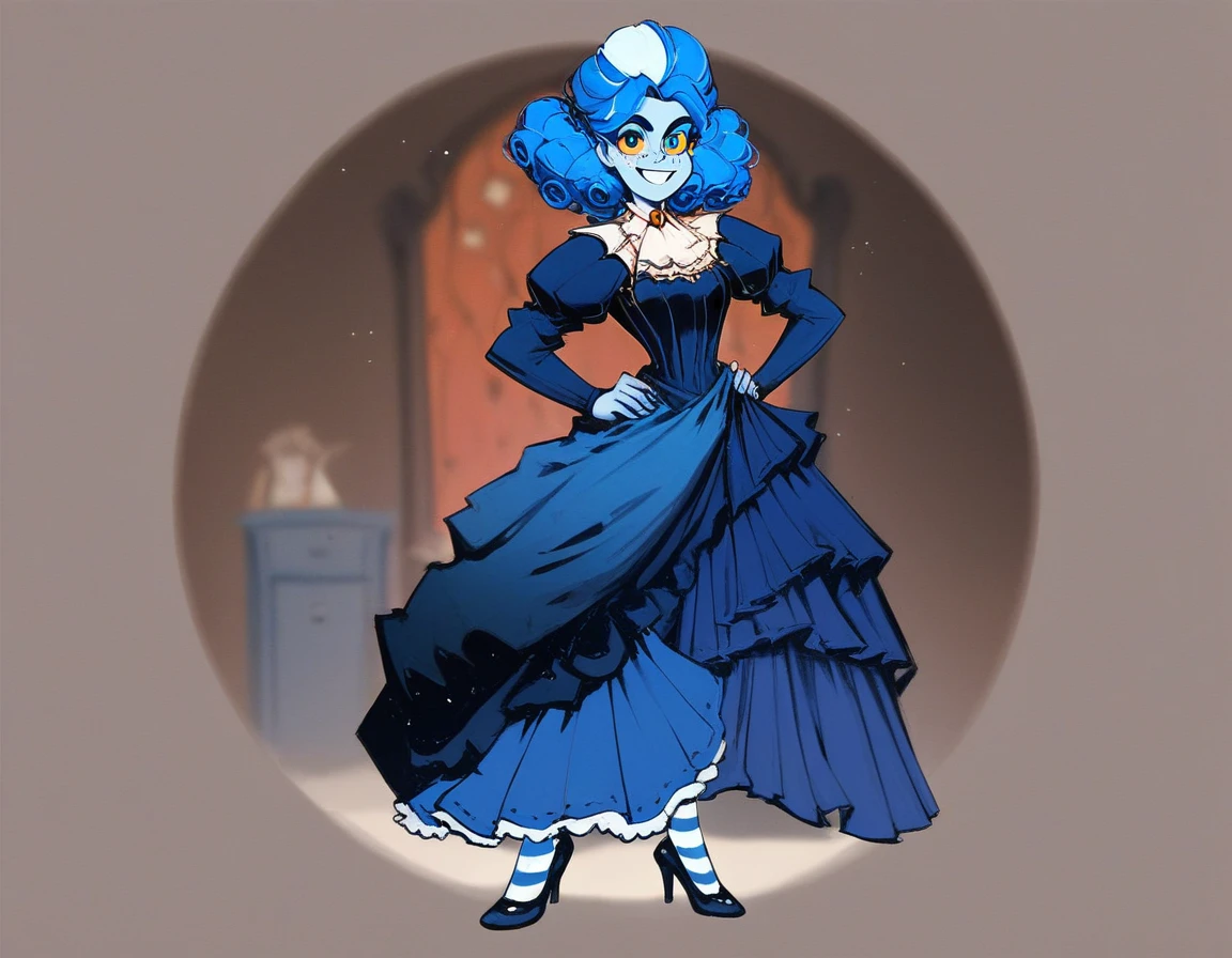 victorianstyle, frankelda, 1girl, solo, dress, striped, blue hair, puffy sleeves, high heels, colored skin, freckles, blue striped stockings, standing, evil smile, look at viewer, hands on hips, glowing blue eyes, yellow sclera, study room, spiderweb rosette background, dark ambient, half body