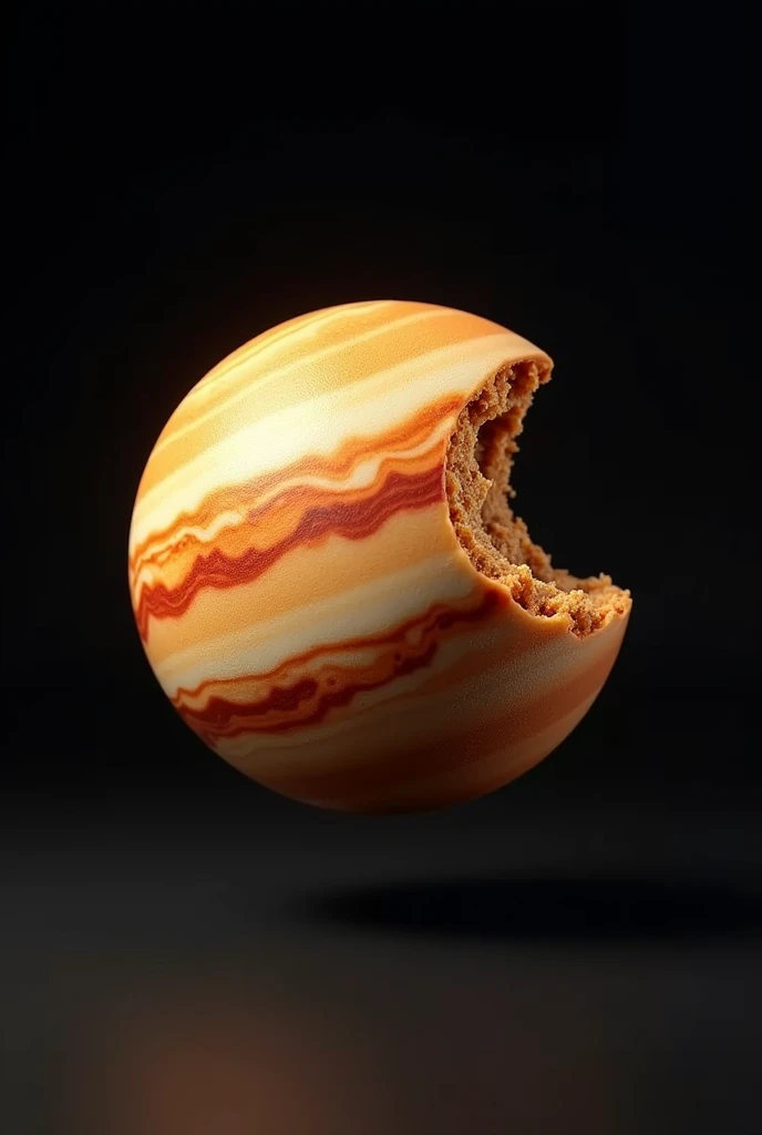 Bitten cookie in the shape of Jupiter on animated black background