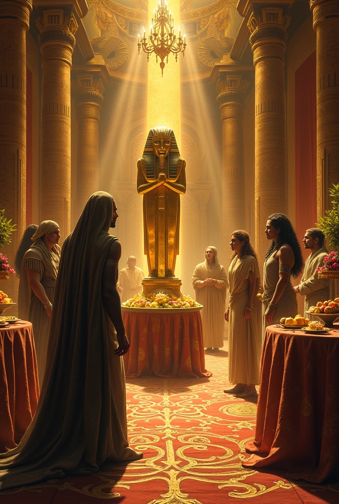 A lavish scene in the palace of Osiris, where Set, with a false smile, offers the golden sarcophagus as a 'gift' in the middle of a celebration. Osiris, with a curious expression, approaches the sarcophagus while the other gods watch. The room is decorated with rich tapestries and tables full of exotic fruits, but an atmosphere of danger.