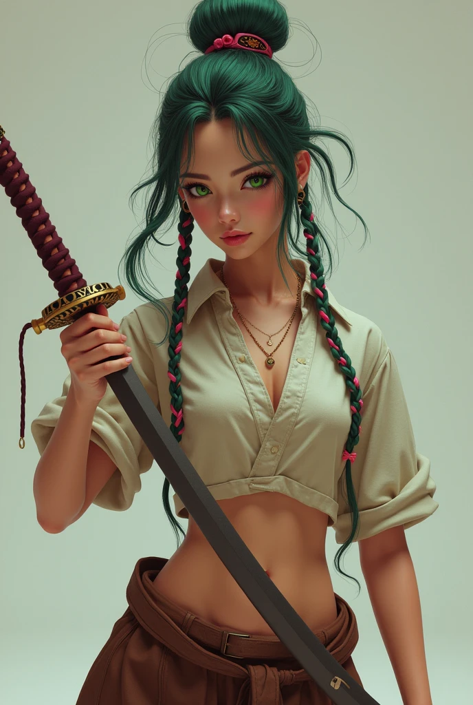 A white girl who has two green and pink braids who has green eyes who has a brown skirt, brown shirt, bare chest and who has a katana