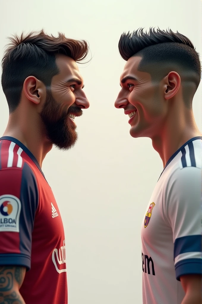 Create Messi and Cristiano Ronaldo in 3D where the two of them are face to face greeting each other