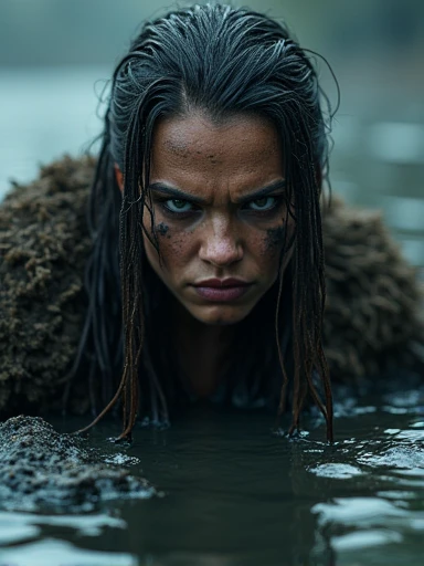 Close-up of ((ohwx woman)) in Hellblade: Senua's Sacrifice, emerging from black mud, long hair with dreads, war blue paint, paint fading, angry expression, dirty face, finely detailed eyes, moody, viking clothes, epic scene, epic composition, Photography, Cinematic Lighting, Volumetric Lighting, ethereal light, intricate details, extremely detailed volumetric rays 