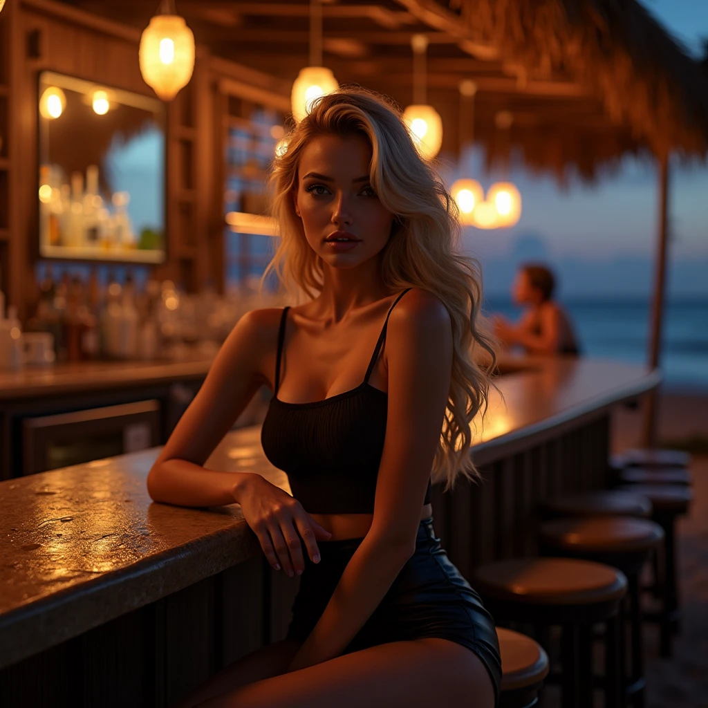 Blonde bombshell ,sitting at the bar of a beach bar at night. She is wearing a sexy black top.