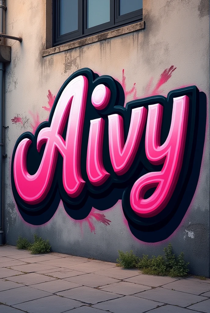 Photo detaillee mur realiste avec graffity lettrage arrondi en degrade de rose contour exterieur ???? contour lumiere interieur blanc avec le nom “aivy” 

Il faut que les lettres fusionnes ensemble 