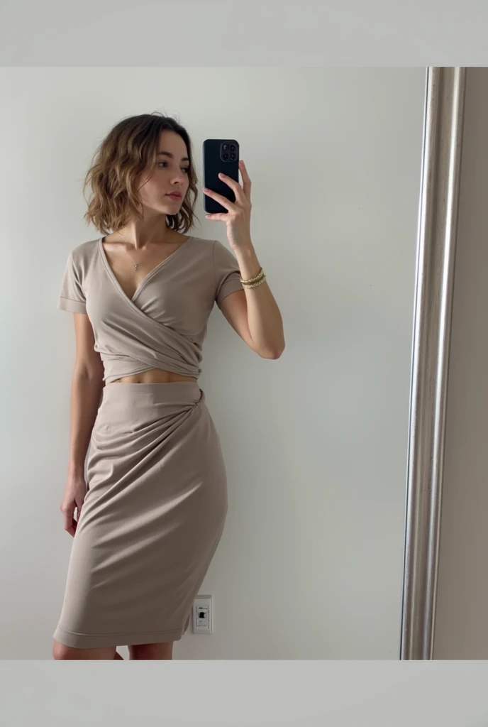 Beautiful 18 year old woman, Brown hair, short black skirt