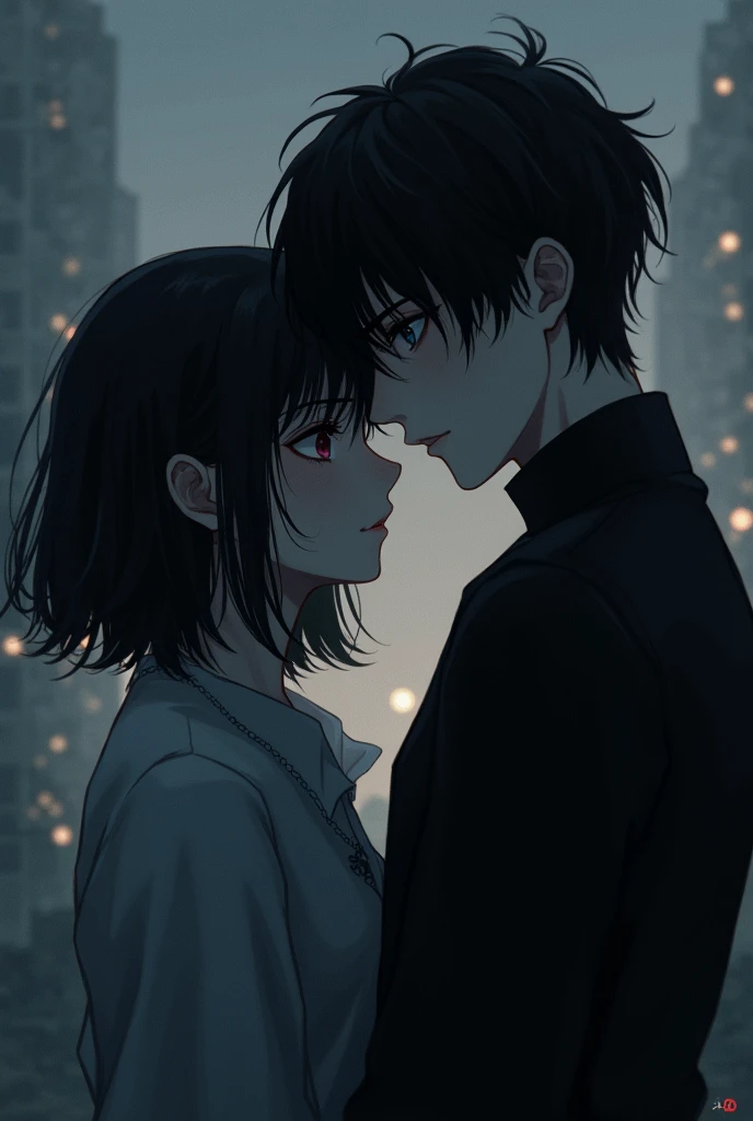 Melancholic and intense couple formed by a girl and a boy with heterochromia and black hair