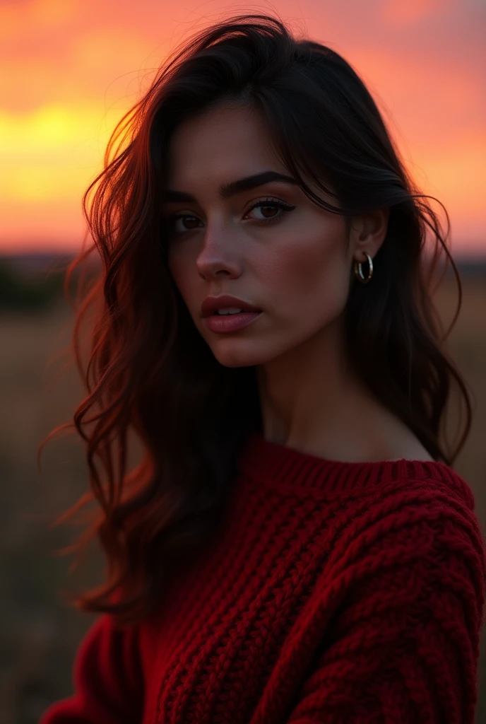 ung pretty Argentinian girl,Brown hair , cat eye makeup, showy, oversized knitted sweater, Suave, warm lighting, Cozy atmosphere, Instagram style, red theme, Upper body shot,(cinematographic, black and red:0.85), (beautiful sunset background:1.3), sharp, muted colors