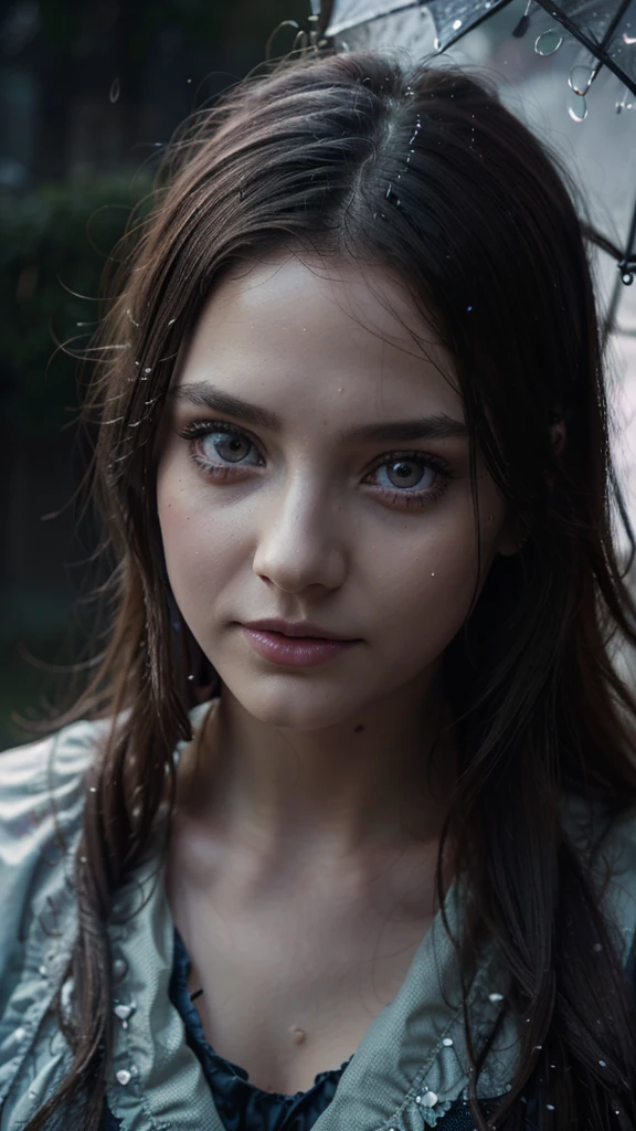 a girl in a alice in wonderland tea party with an alien,beautiful detailed eyes,beautiful detailed lips,extremely detailed eyes and face,longeyelashes,outdoor rain scene,cold rainy afternoon,alien with an extraterrestrial face,photorealistic,8k,highres,detailed background,beautiful lighting,vivid colors,cinematic composition,dramatic lighting,intricate details