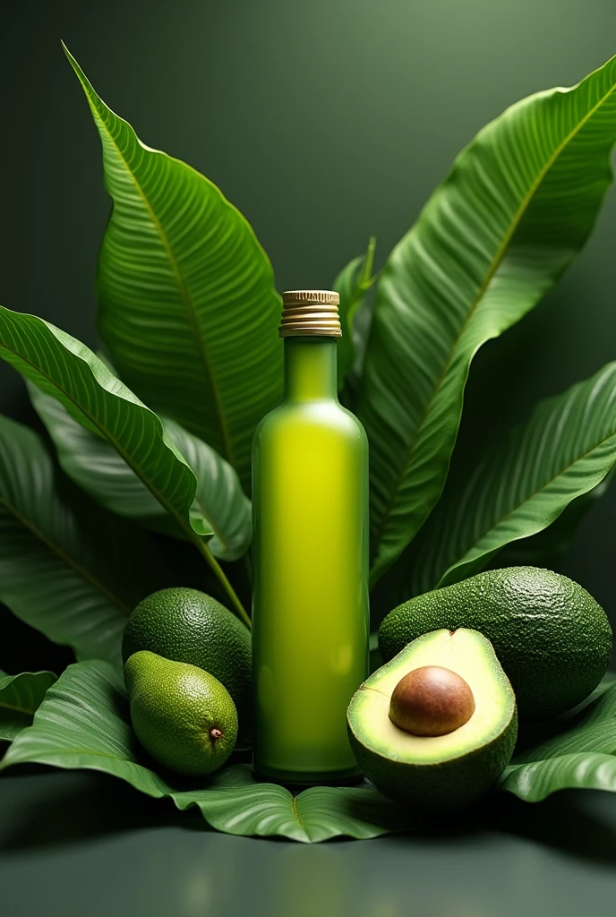Avocado oil bottle background with leaves and creative