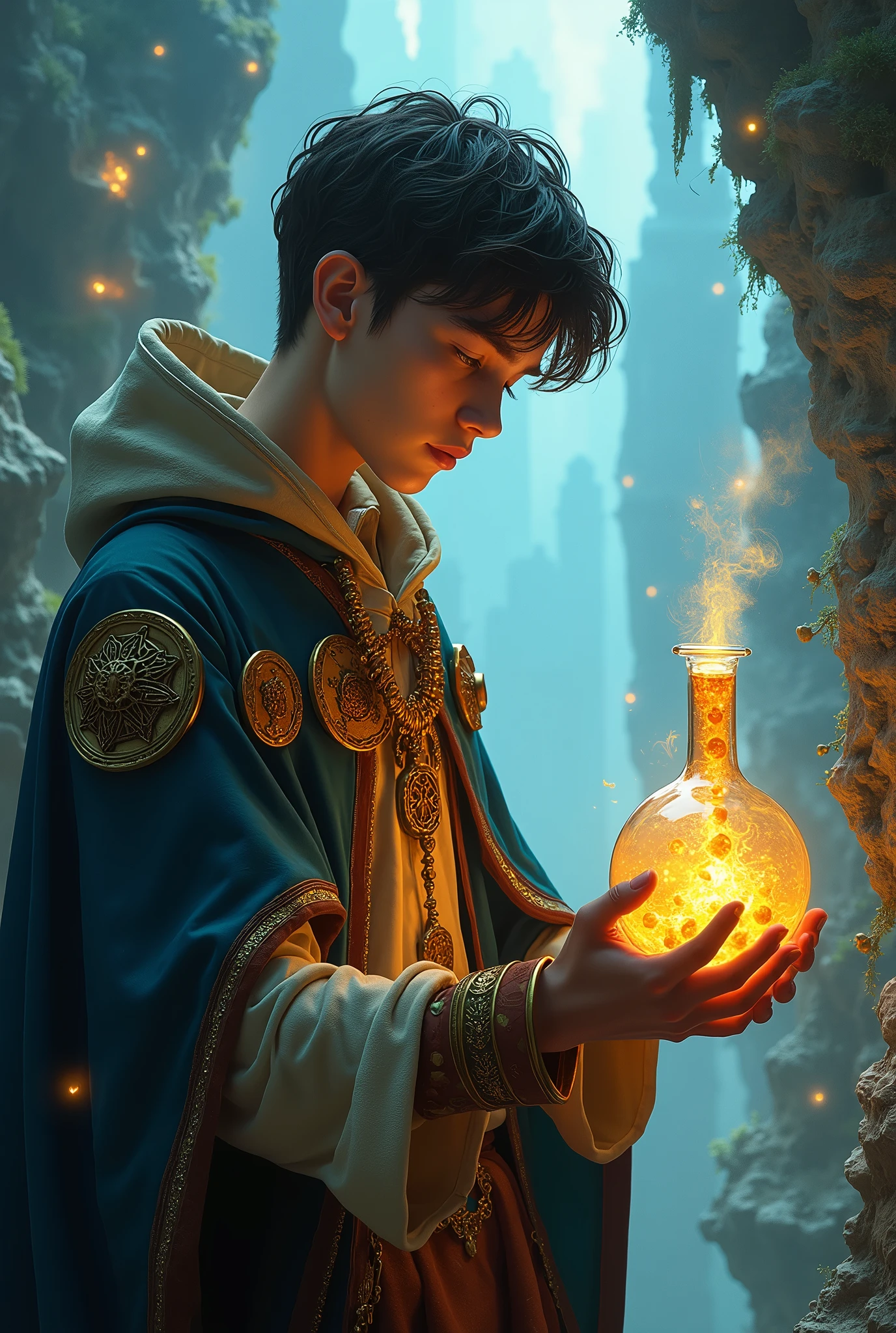 alchemist, fantasy, young man, alchemist clothes, flask in hands