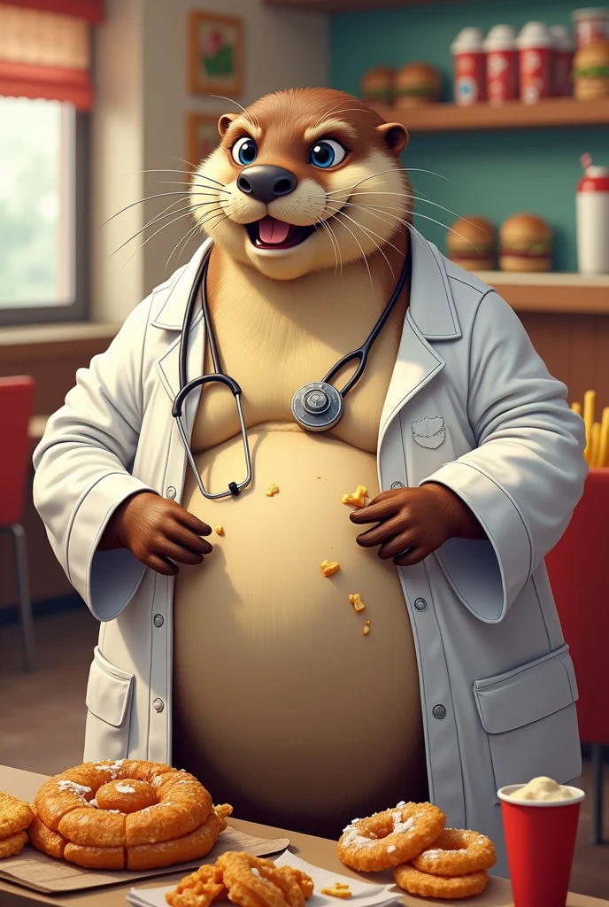 Animated fat otter dressed as a dirty nutritionist doctor with oil eating junk food for image use in fast food restaurant