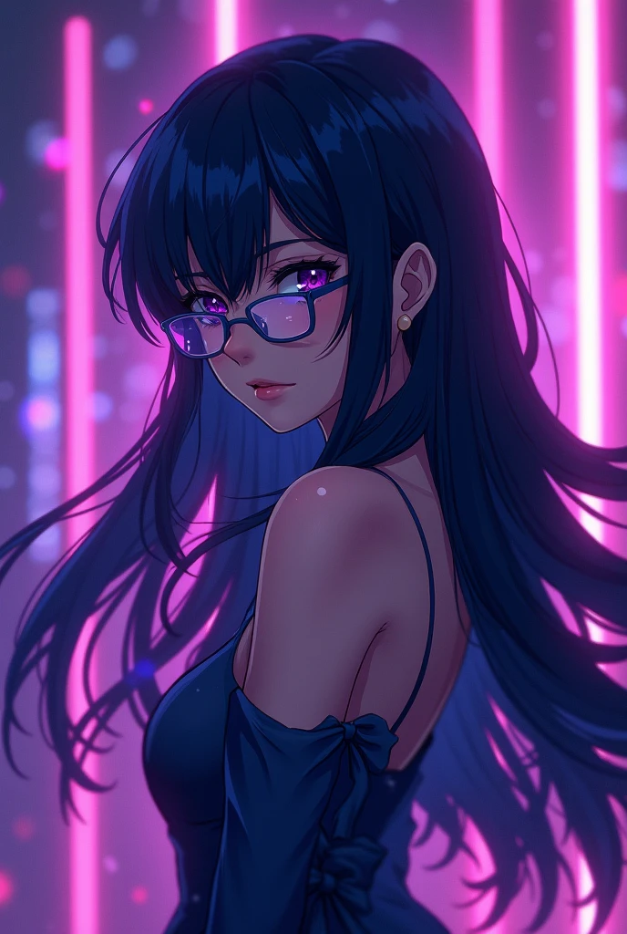 A striking anime-style portrait of a mysterious young woman with long, flowing dark blue hair that reflects shades of purple. She wears stylish rectangular glasses, and her eyes have a piercing, intelligent gaze. The background is filled with vibrant, glowing purple and pink lights, creating a dramatic and ethereal atmosphere. Her hair and dress appear to be gently flowing as if caught in a light breeze, adding to the dynamic feel of the image. The overall mood is intense and captivating, with a mix of futuristic and magical elements."