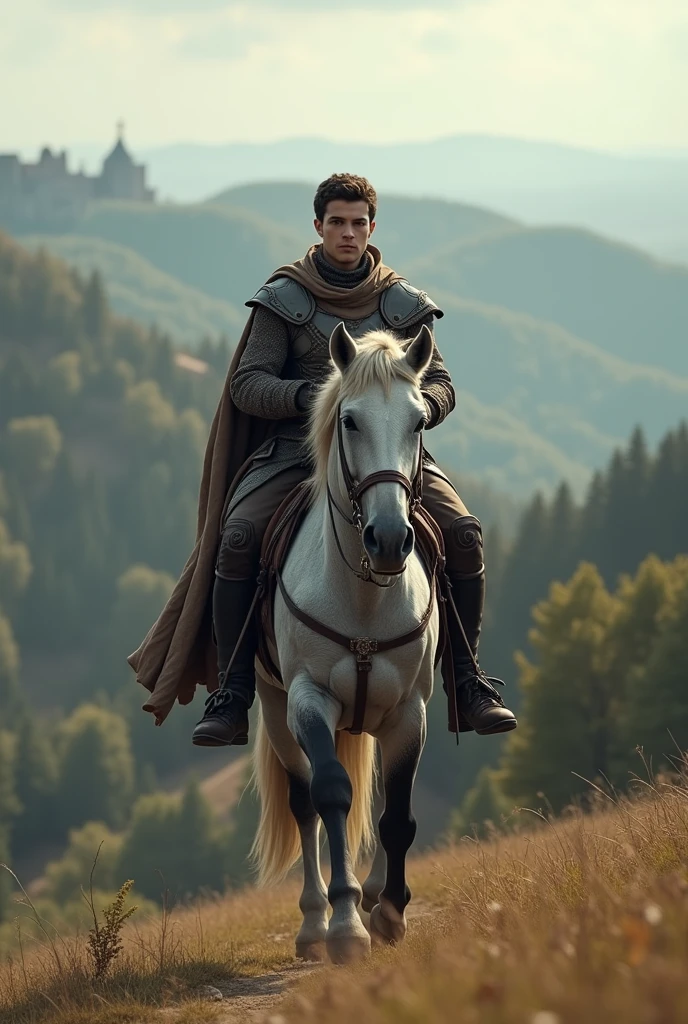 18 year old man, on grey horse, in a medieval landscape