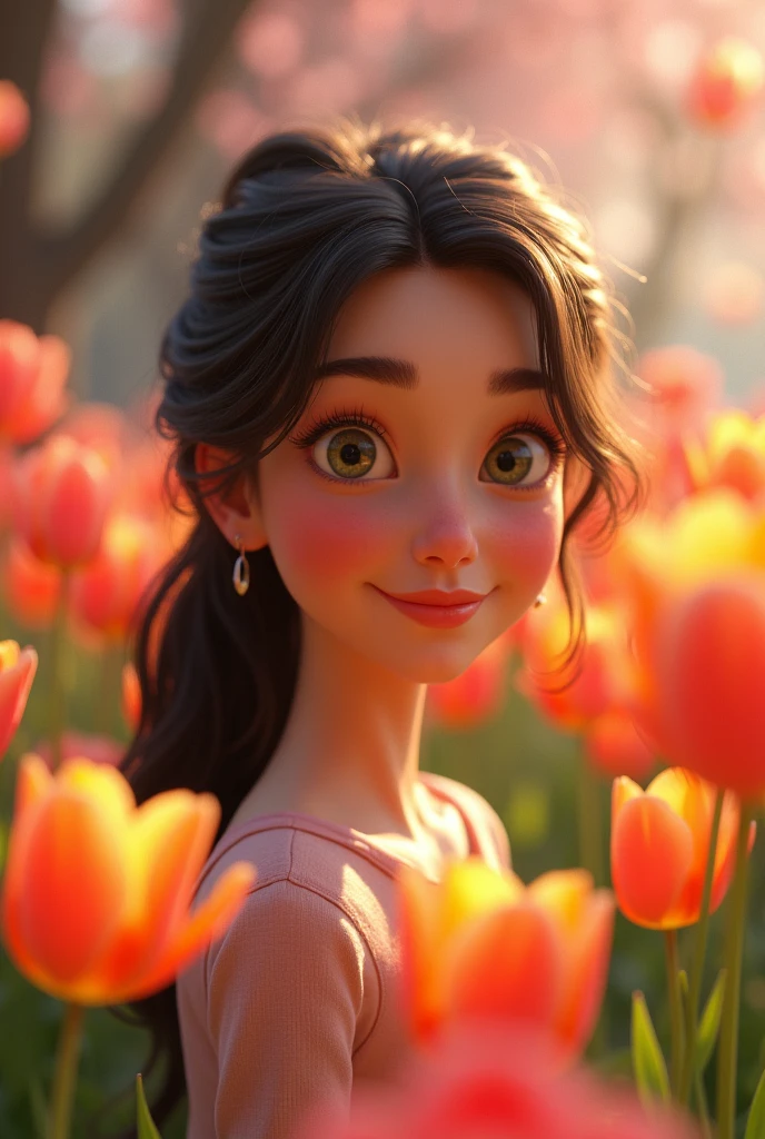 Believe me, a young and beautiful woman in the Pixar style who loves tulips