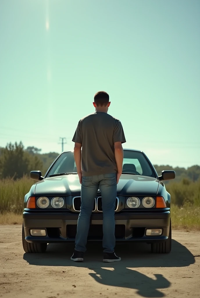 white e36 bmw with a man in front of the hood. the photo is taking with distance