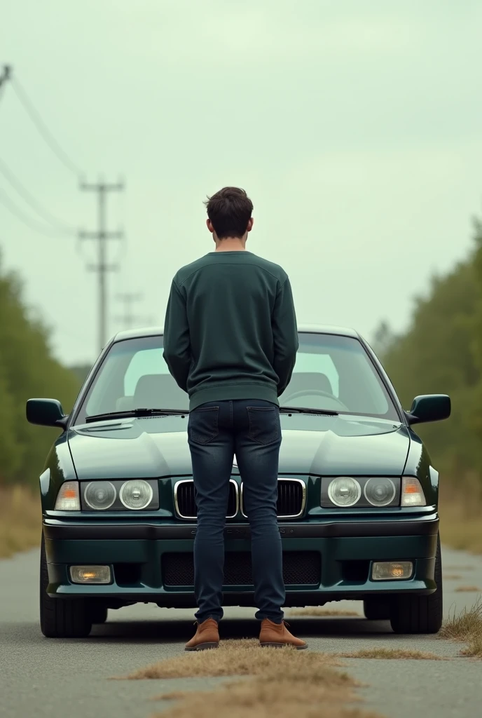 white e36 bmw with a man in front of the hood. the photo is taking with distance
