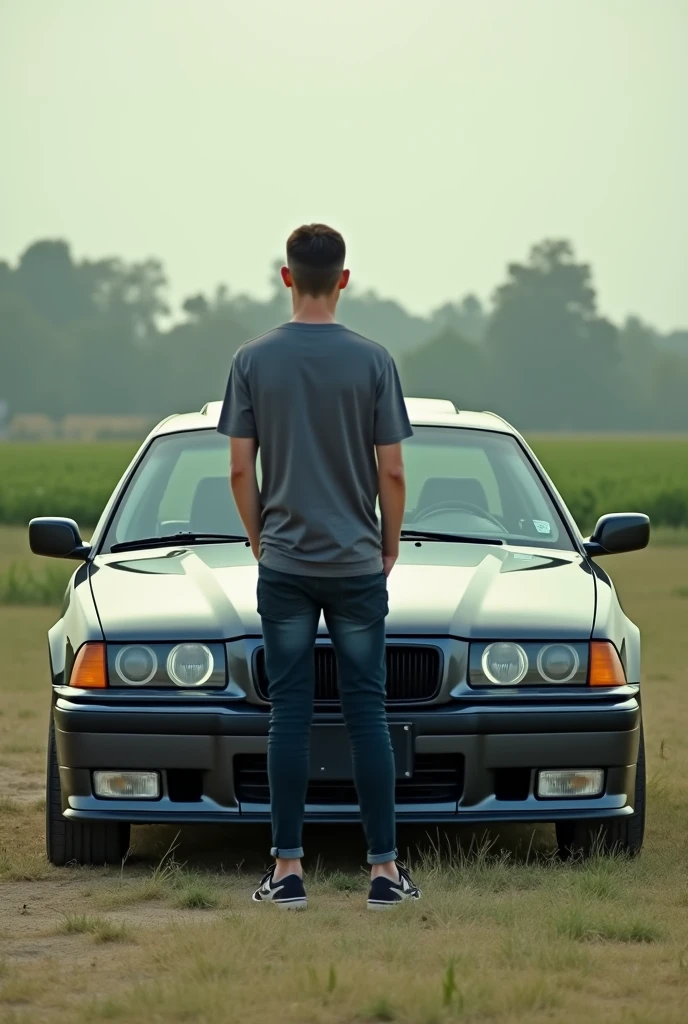 white e36 bmw with a man in front of the hood. the photo is taking with distance