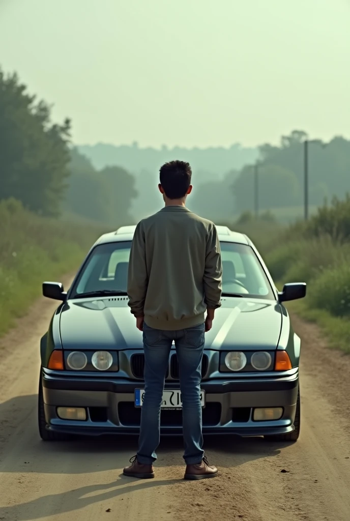 white e36 bmw with a man in front of the hood. the photo is taking with distance