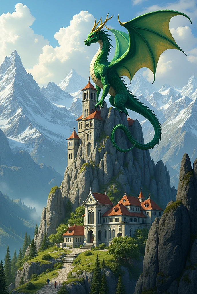 Create me a coat of arms with a small chapel on top of a mountain and a small dragon with green and white colors and a village in the foreground