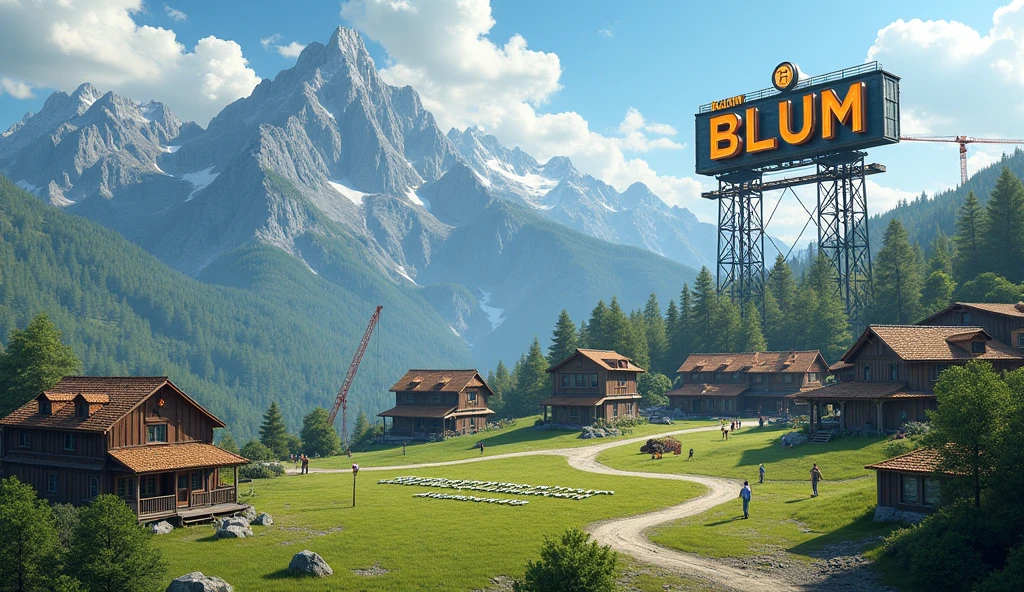 The village is small people in it there is construction in the mountains The word Blum is like Hollywood but the word BLUM is huge and next to it the word @dragonscryptochat written on grass