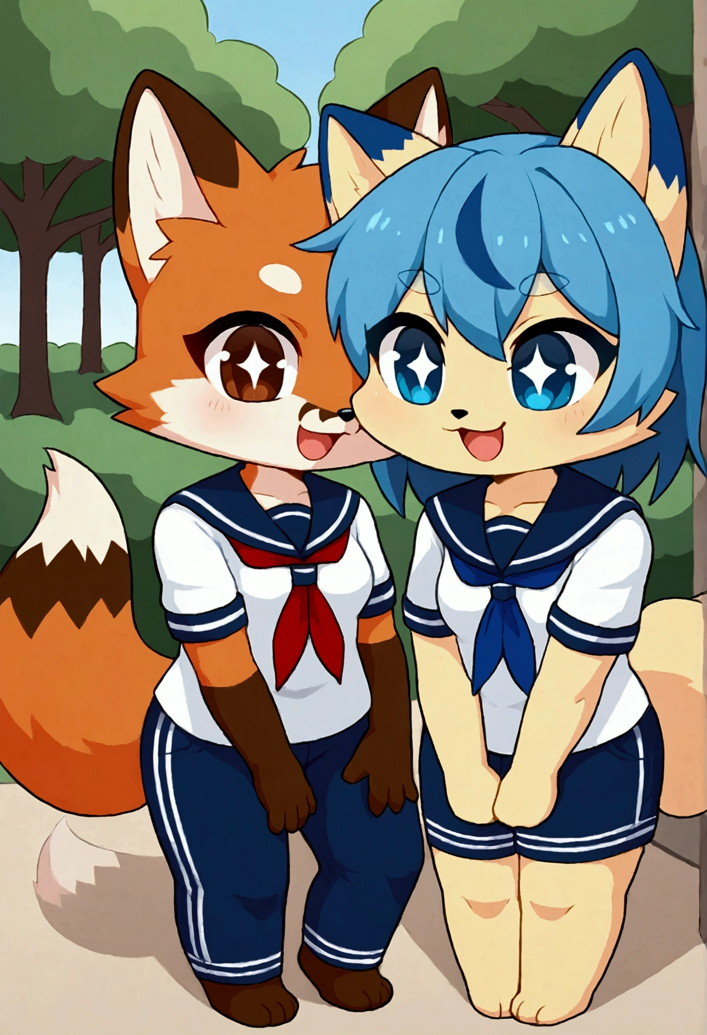 2girls, fox and tanuki, furry, bodyfur, tail, sailor suit, short sleeves, jersey pants, long pants, gloves, barefoot, chibi, sparkling eyes, happy, full body, hand between legs, park