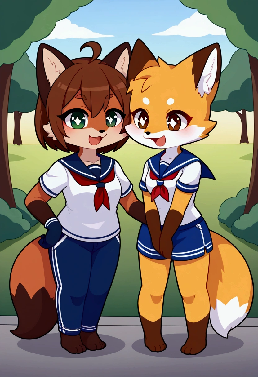2girls, fox and tanuki, furry, bodyfur, tail, sailor suit, short sleeves, jersey pants, long pants, gloves, barefoot, chibi, sparkling eyes, happy, full body, hand between legs, park