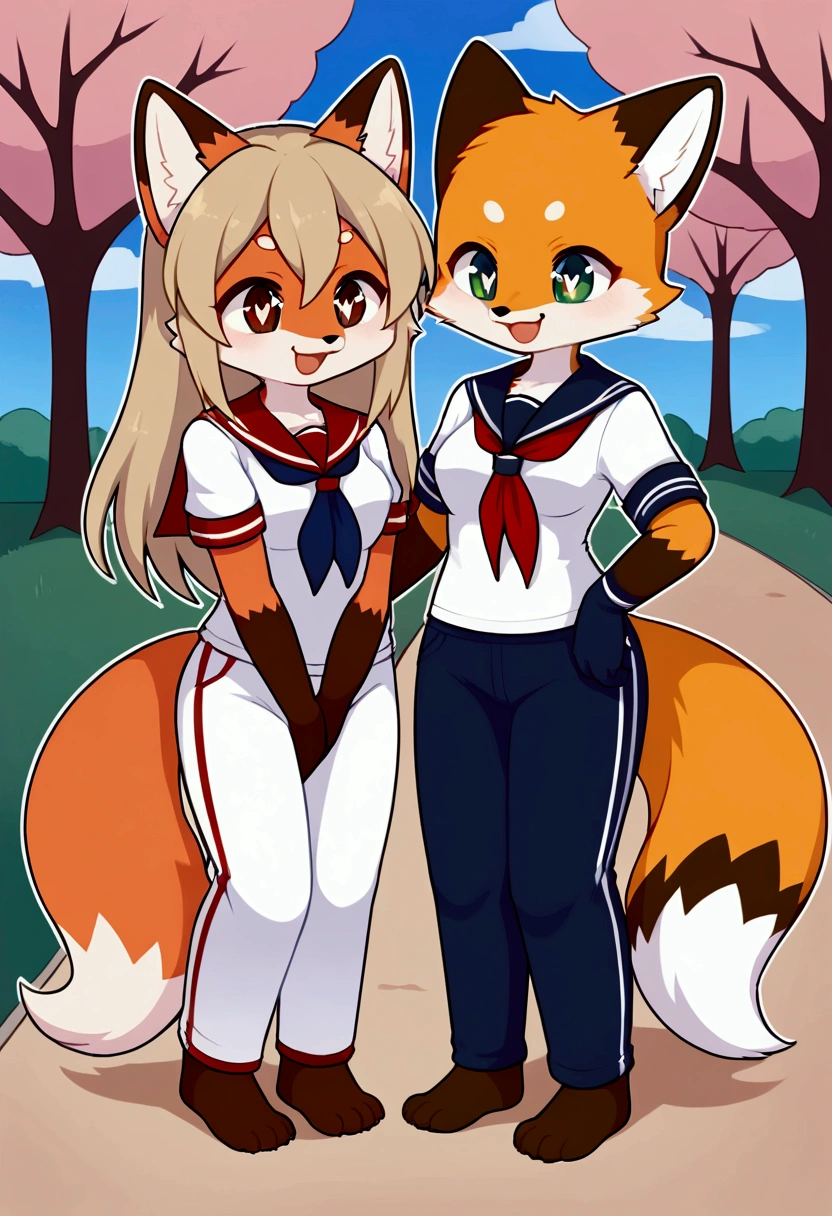 2girls, fox and tanuki, furry, bodyfur, tail, sailor suit, short sleeves, jersey pants, long pants, gloves, barefoot, chibi, sparkling eyes, happy, full body, hand between legs, park