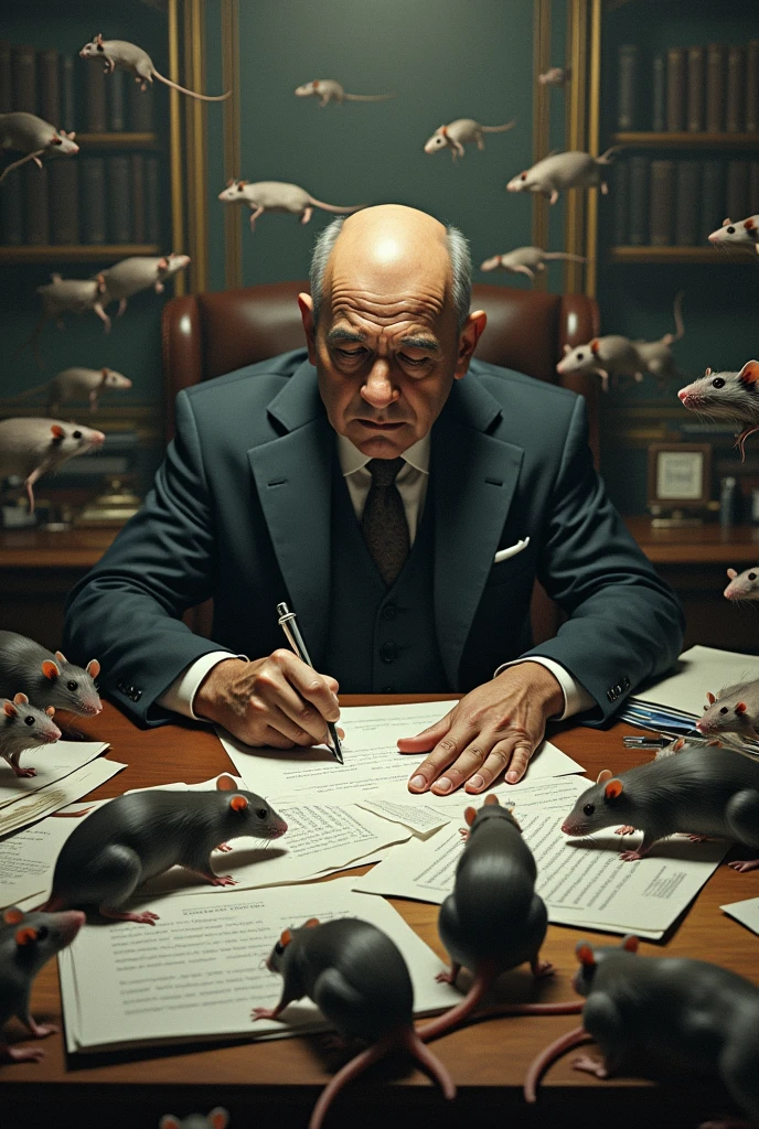Make an image of STF minister Alexandre de Moraes signing documents on a table full of rats and mottos