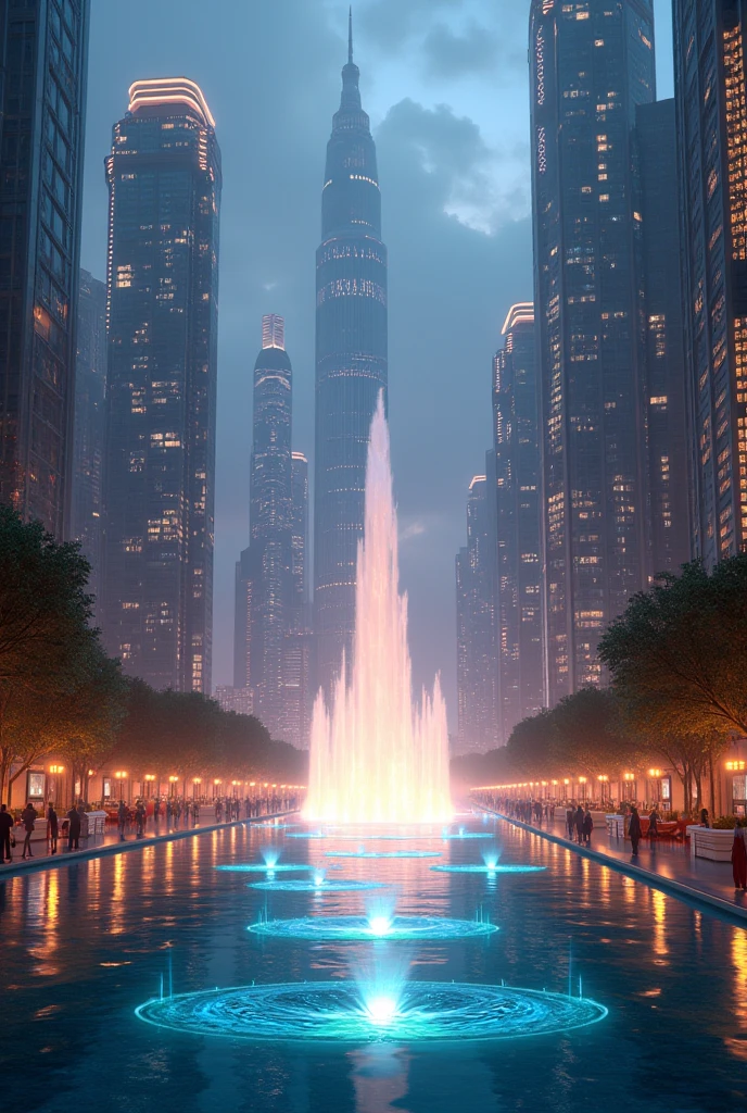 A huge city in the spotlight ,super technological, very beautiful, with a beautiful landscape and a large and different fountain in the middle of crystal clear waters 