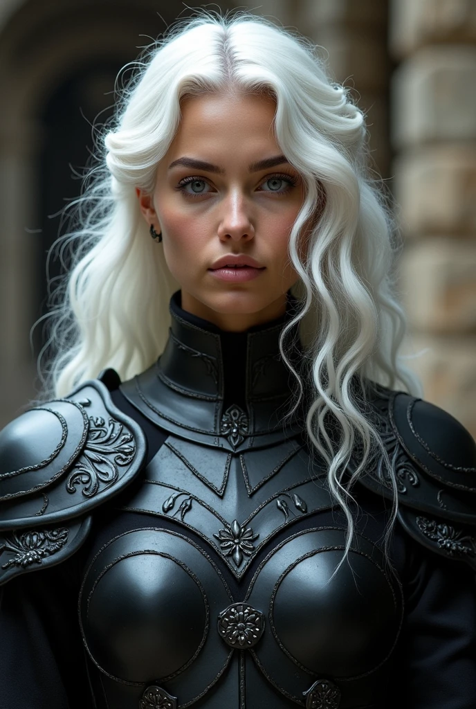 Half body of a beautiful young woman with long wavy white hair, with decorations, black armor. The armor is intricately designed with detailed patterns, covering the shoulders and chest. She has a calm, confident expression on his face, with a soft gaze that looks slightly to one side. the background is blurred, suggesting an ancient or mystical setting, possibly ruins or an ancient stone structure piel oscura, raza afro
INFO
