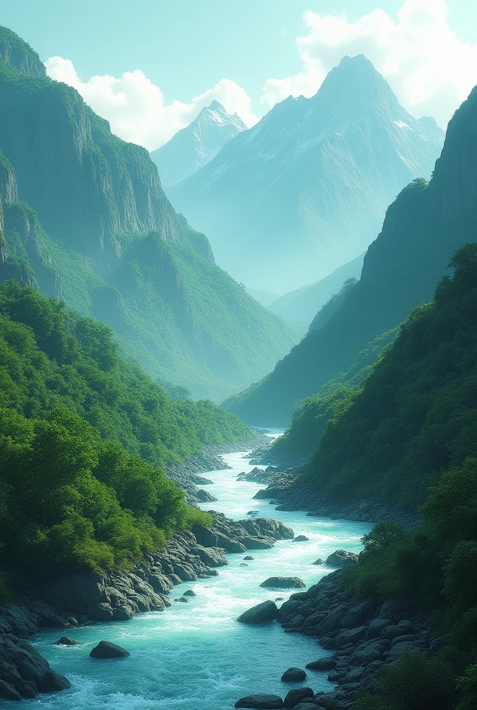 Green big mountains and downstears cold river going