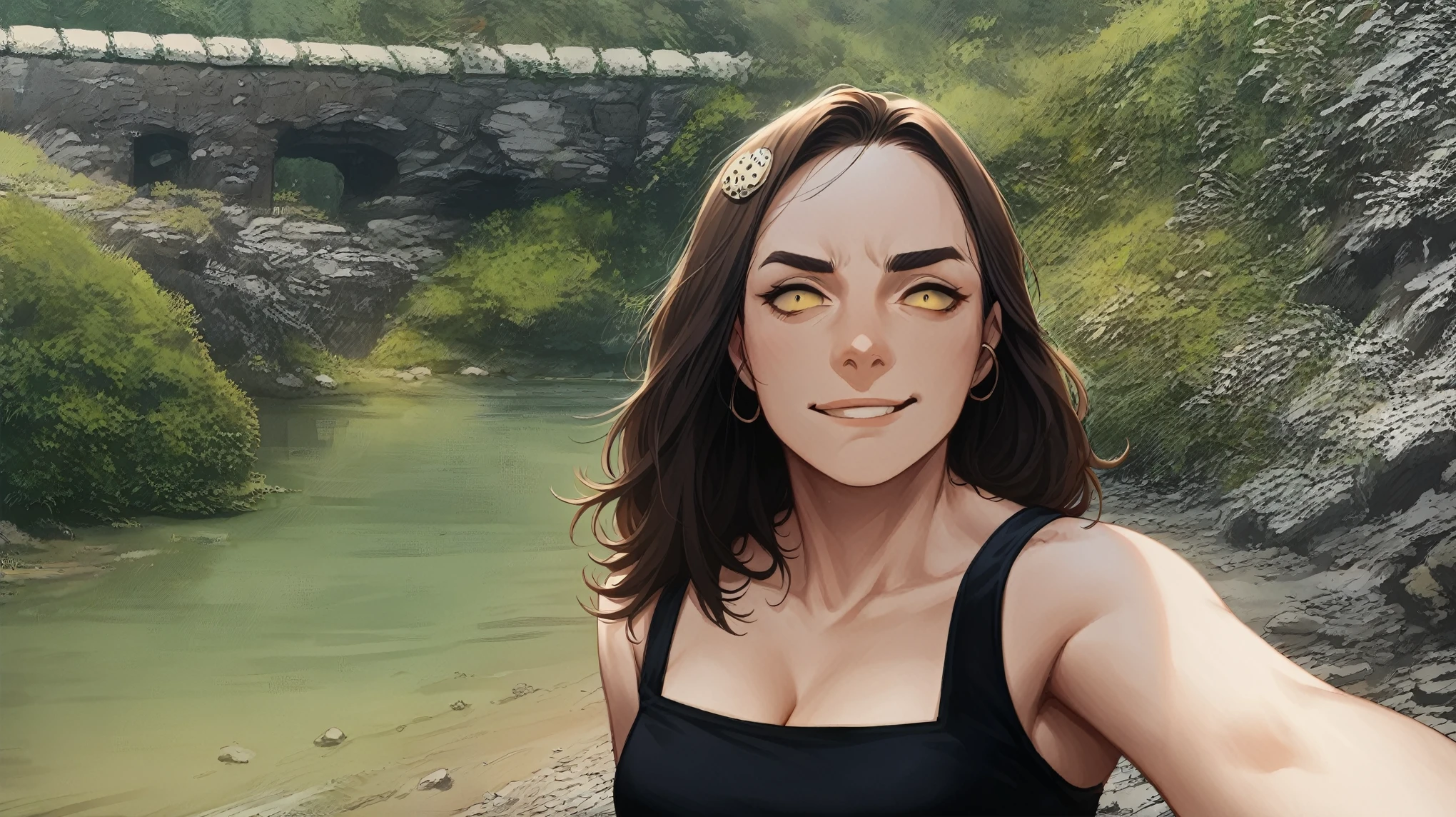 very detailed, Brown hair, short hair,, Breasts, Hoop earrings, yellow eyes, Smirk, Embarrassment, Full Character Sheet, Hair decoration in the form of a bow, Flood lighting, minimalism, illustration,