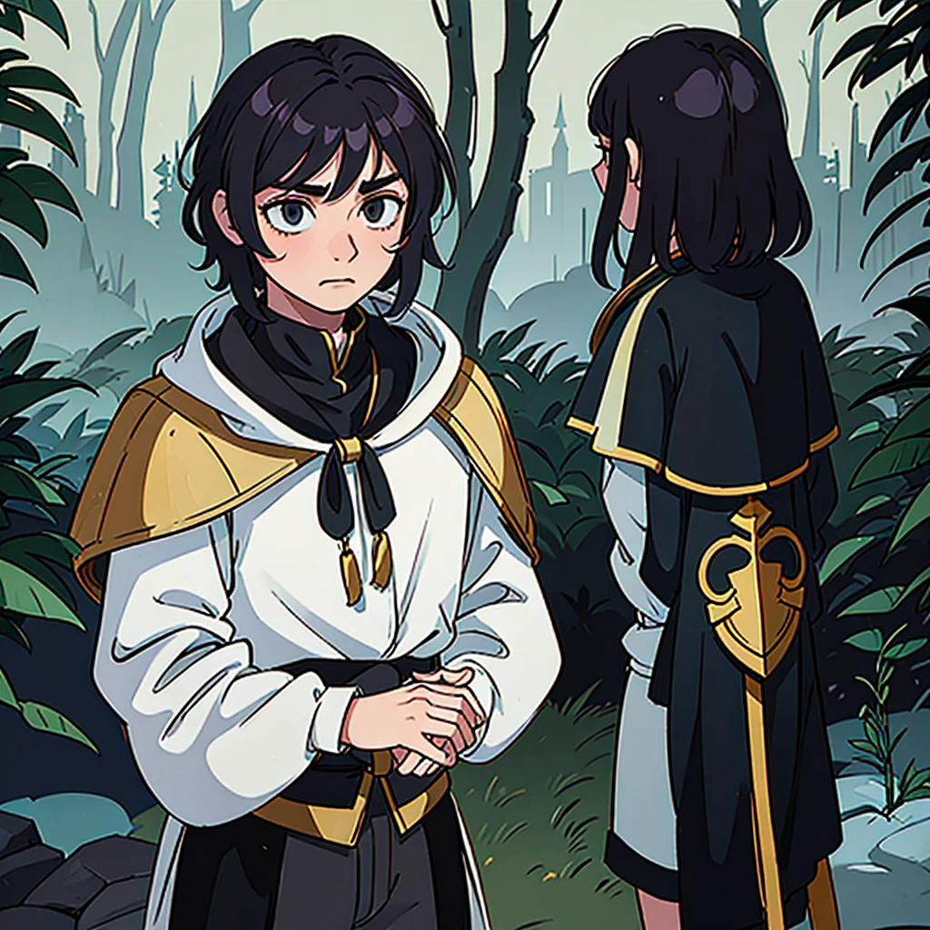 Serious male knight with sad looking forest backdrop, half-faded colors