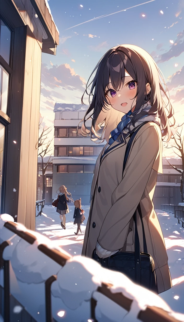 One Woman、beautiful girl、after school、evening、high school girl、School、Back of the school building、winter、Keyaki Tree々、Snow all over、it&#39;s snowing、Snowfall、Blazer Uniform、Pleated skirt、Duffle coat、Scarf、Black knee-high socks、Long Hair、Scarfを着用する、Highest quality、Ultra HD、 Black Pantyhose、Thick thighs、Big Ass、Black Hair、Black panties、White Breath、smile